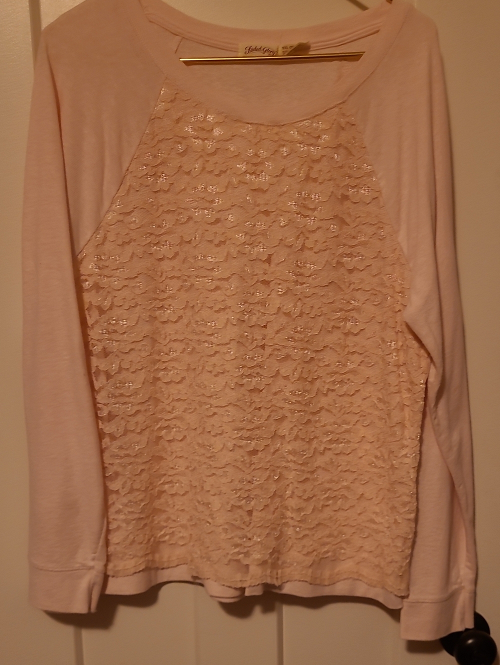 Faded Glory Light Pink Lace Front Long Sleeve Sweatshirt